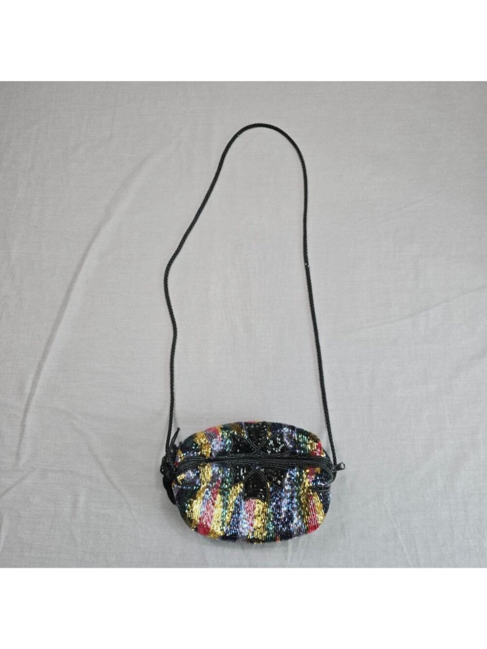 Beaded Floral Evening Crossbody Bag Small Black Tassel Zipper - Picture 2 of 4